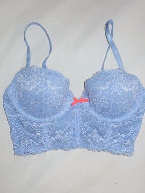 Victoria's Secret Light Blue Lace Longline Bra with Coral Bow
